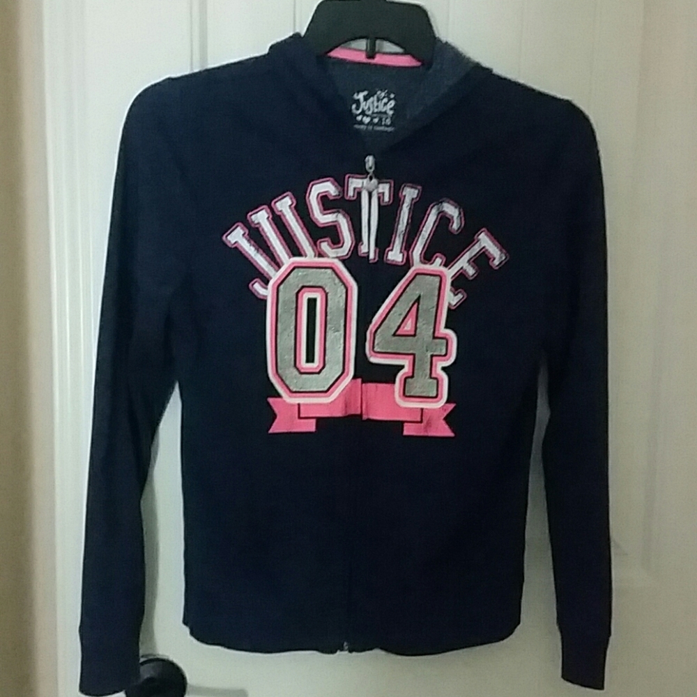 Kid's jacket. Navy blue, pink, and white. Worn